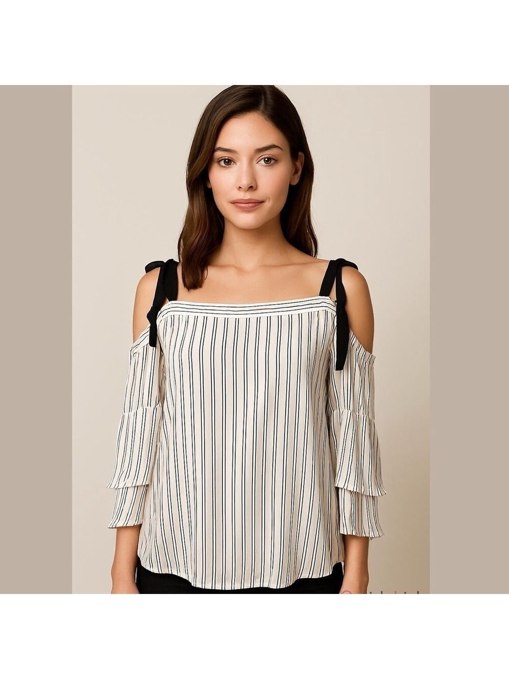Ann Taylor LOFT Off the Shoulder Bell Sleeve striped Blouse Size Large